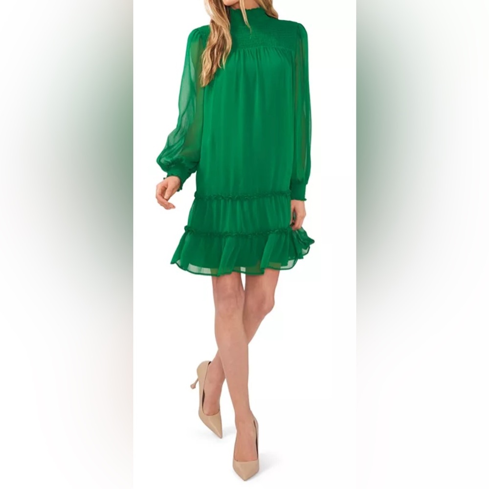 NWT - Green long sleeved tiered ruffle mock neck dress by CeCe (M)